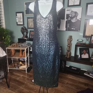 RACHEL Rachel Roy Black and Blue Sequin V-Neck Midi Dress